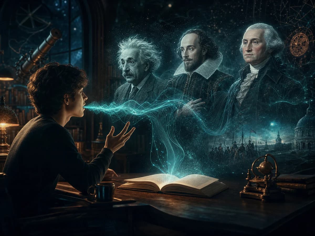 A learner speaking with Einstein, Shakespeare, and George Washington through a luminous audio wave